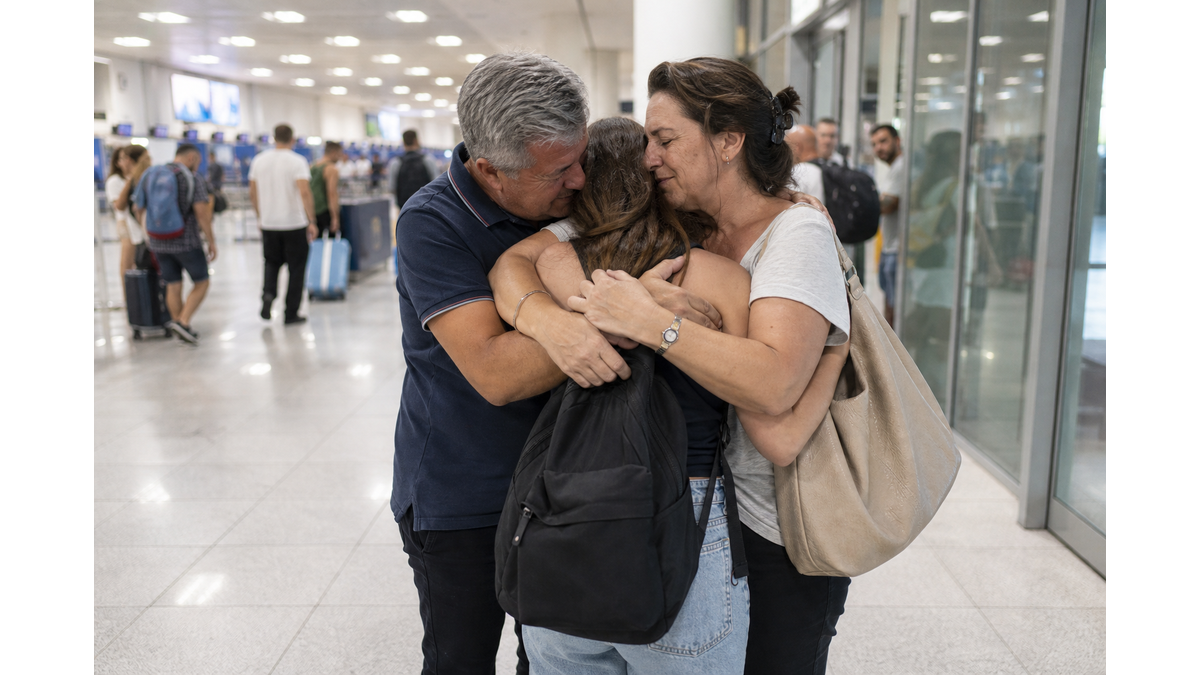 Nicolas and Giota Papadopoulos bid farewell to their daughter at the airport